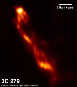 The image of entangled filaments in the jet appears as a sort of smudgy, fiery red streak on a black background.