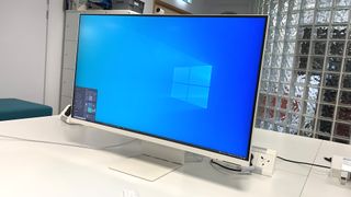 A Samsung M8 monitor, one of the best 4K monitors, on a desk