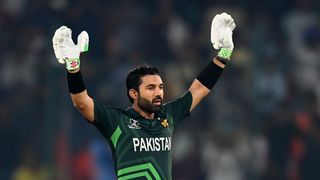 Mohammad Rizwan of Pakistan celebrates prior to the start of the Afghanistan vs Pakistan live stream.