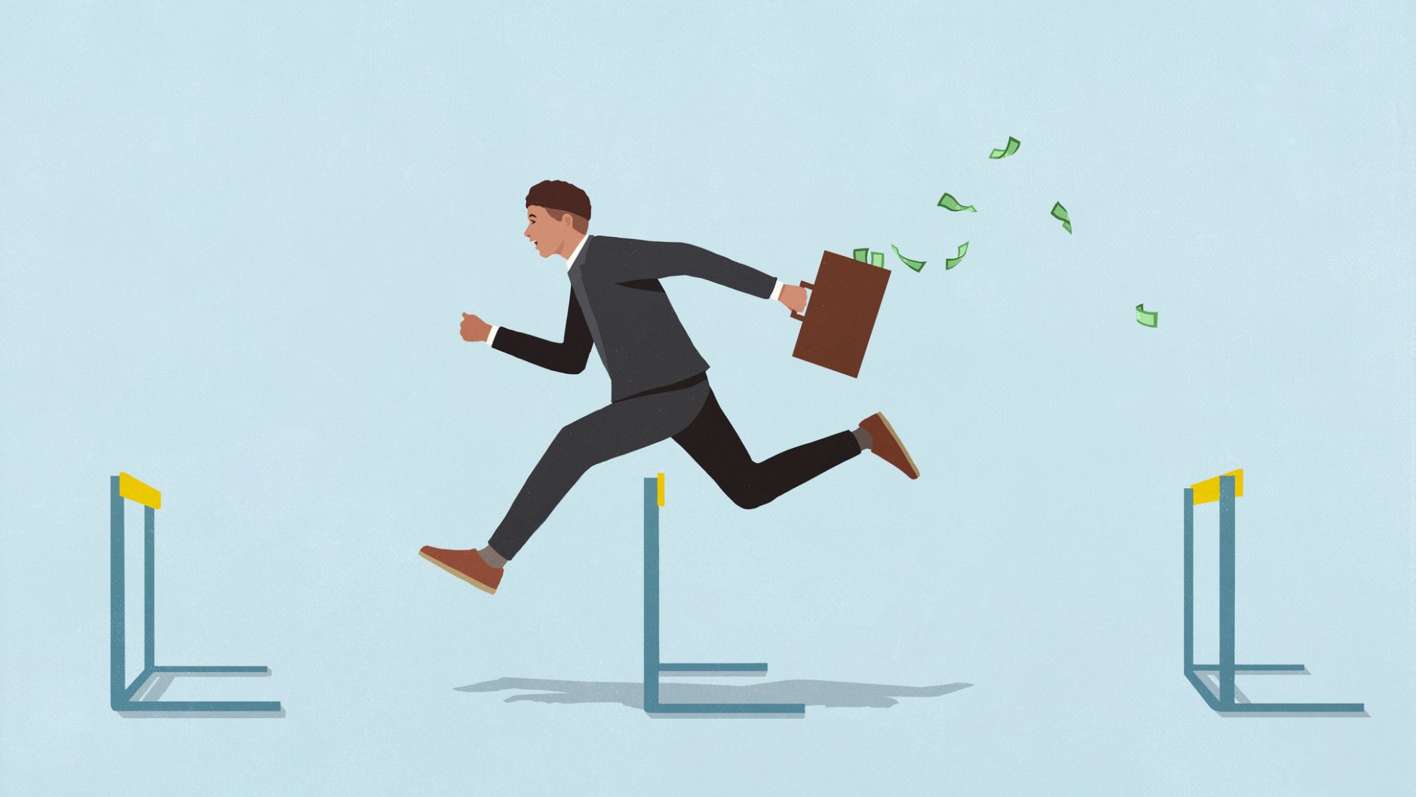 Businessman with money briefcase jumping over hurdles