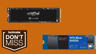 Crucial P5 and WD Blue SN550 on orange background with badge that reads "don't miss"