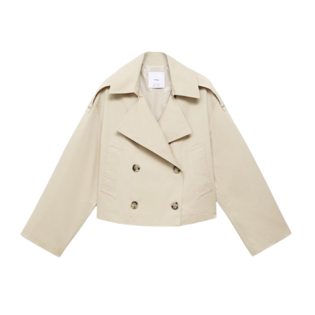 MANGO, Double-Breasted Cropped Trench Coat