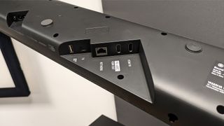 Yamaha True X Soundbar System close up of underneath of soundbar showing connections
