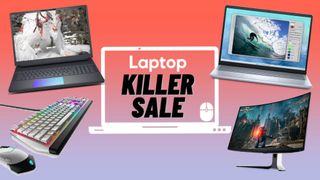 Dell Alienware 18 Area-51 laptop, Alienware mouse and keyboard bundle, Dell Inspiron 14 laptop, and Alienware 32 4K QD-OLED gaming monitor against a salmon and lilac gradient background.