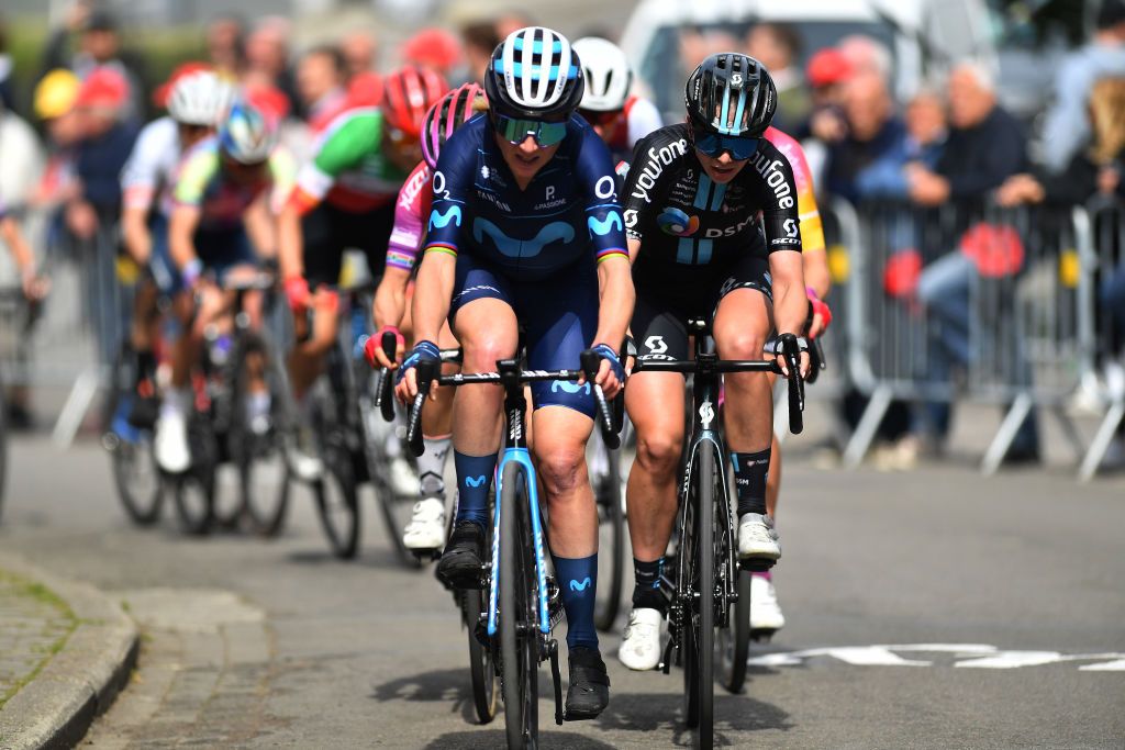 HUY BELGIUM APRIL 20 LR Annemiek Van Vleuten of Netherlands and Movistar Team and Liane Lippert of Germany and Team DSM compete in the breakaway during the 25th La Flche Wallonne 2022 Womens Elite a 1334km one day race from Huy to Mur de Huy FlecheWallonne FWwomen on April 20 2022 in Huy Belgium Photo by Luc ClaessenGetty Images