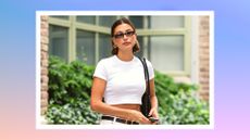Hailey Bieber is seen wearing a white t-shirt and shorts in Tribeca on June 16, 2023 in New York City/ in a pink, blue and green gradient template