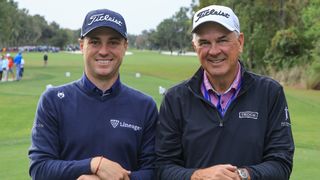 Justin Thomas lines up alongside his father Mike ahead of the first round of the 2023 PNC Championship in Florida
