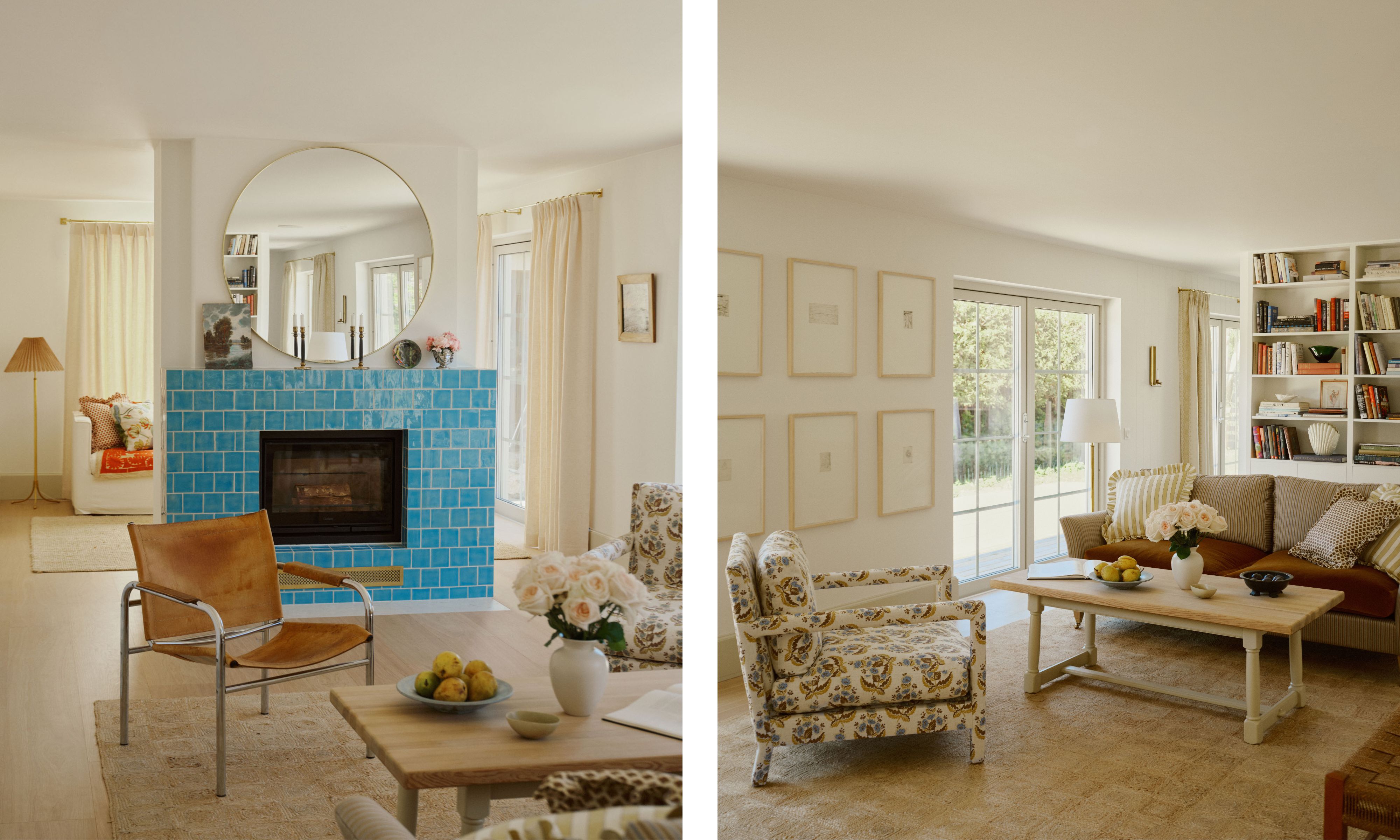 two side by side images of a soft neutral living room with bright blue tiled fireplace, open shelving, tan leather chair, floral chair, and a toffee and striped sofa