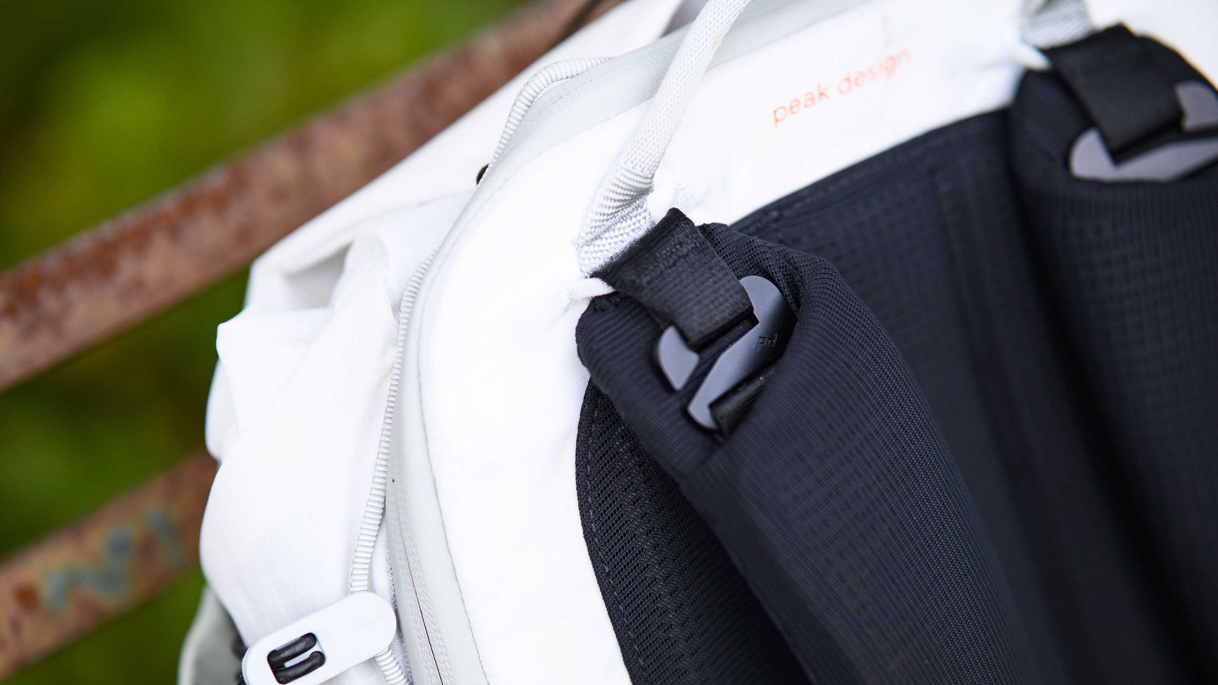 Close up of the Peak Design Outdoor Backpack 25L's shoulder straps