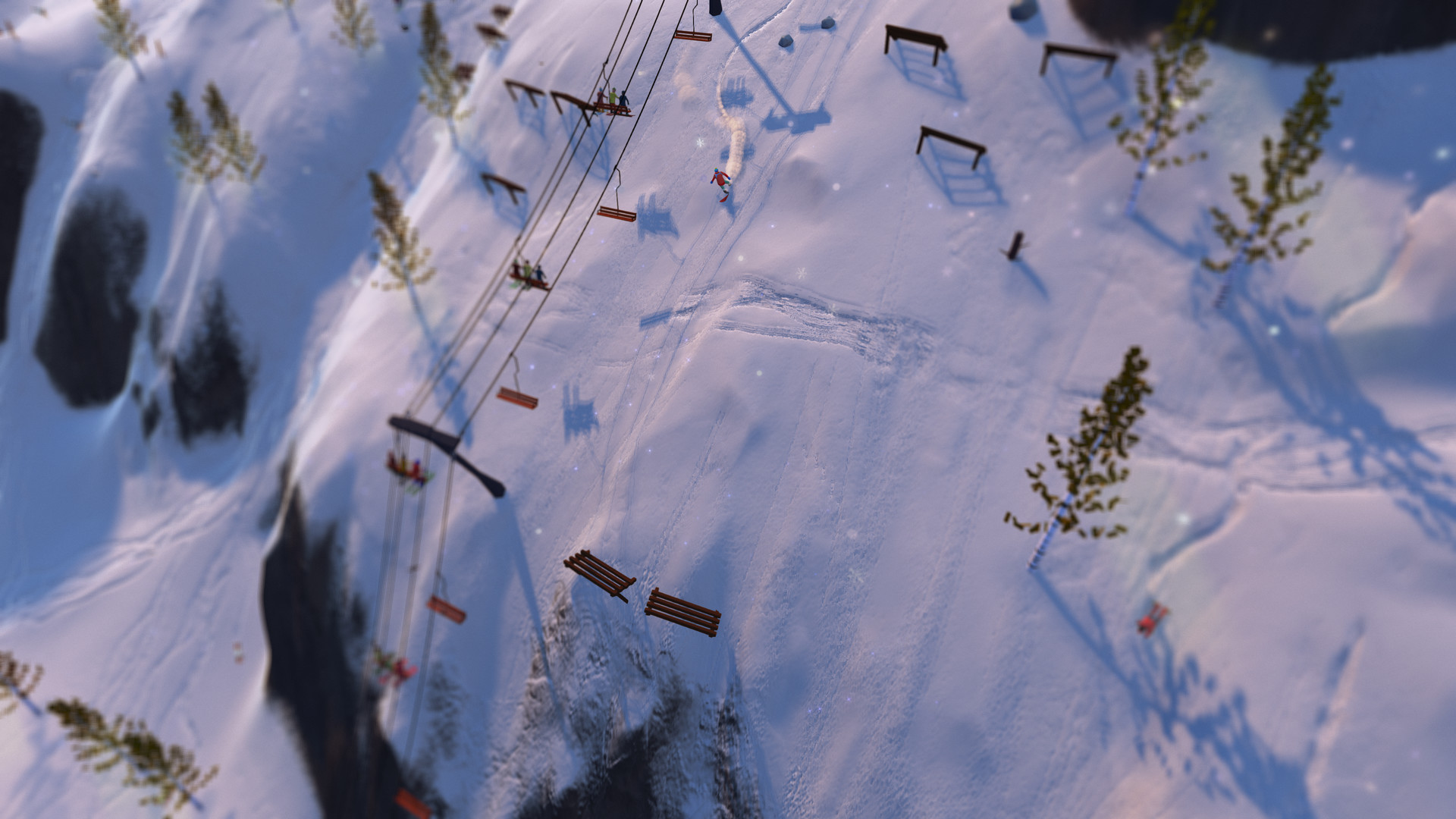 An aerial shot of a snowboarder