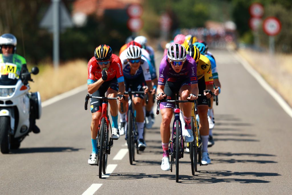 NEILA SPAIN AUGUST 06 LR Gino Mder of Switzerland and Team Bahrain Victorious and Jetse Bol of Netherlands and Team Burgos BH compete in the breakaway during the 44th Vuelta a Burgos 2022 Stage 5 a 170km stage from Lerma to Lagunas de Neila 1867m VueltaBurgos on August 06 2022 in Neila Spain Photo by Gonzalo Arroyo MorenoGetty Images