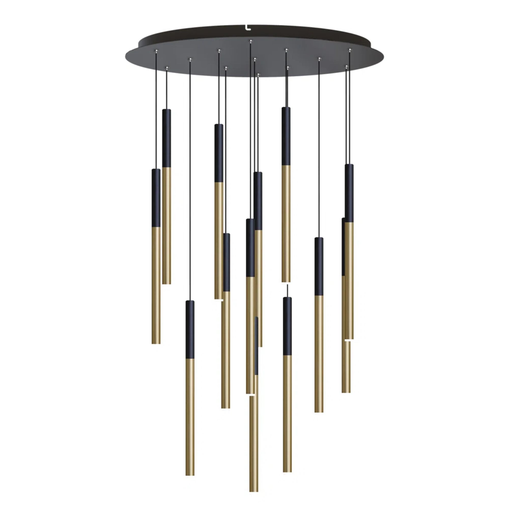 Black cascading chandelier with narrow brass pendants