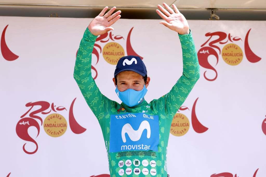 CLLAR VEGA SPAIN MAY 21 Miguel ngel Lpez Moreno of Colombia and Movistar Team Green Points Jersey celebrates at podium during the 67th Vuelta A Andalucia Ruta Del Sol 2021 Stage 4 a 1829km stage from Baza to Cllar Vega VCANDALUCIA on May 21 2021 in Cllar Vega Spain Photo by Gonzalo Arroyo MorenoGetty Images