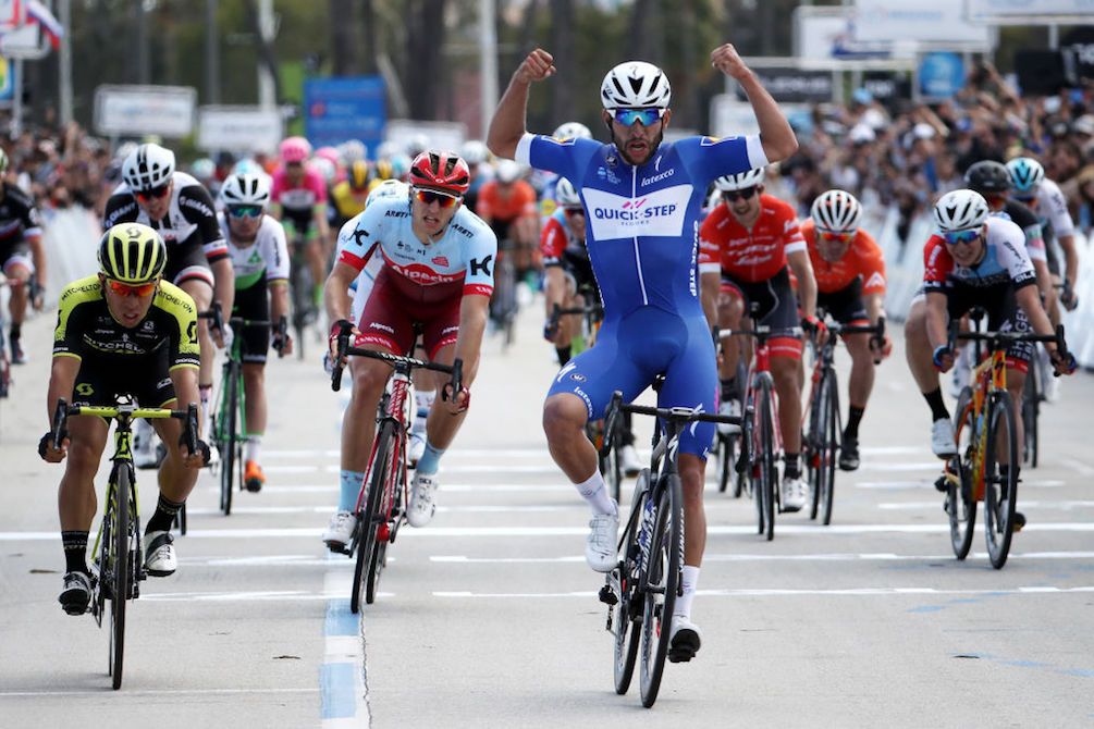 Fernando Gaviria punches the air in delight after taking the win on stage 1 at the 2018 Tour of California