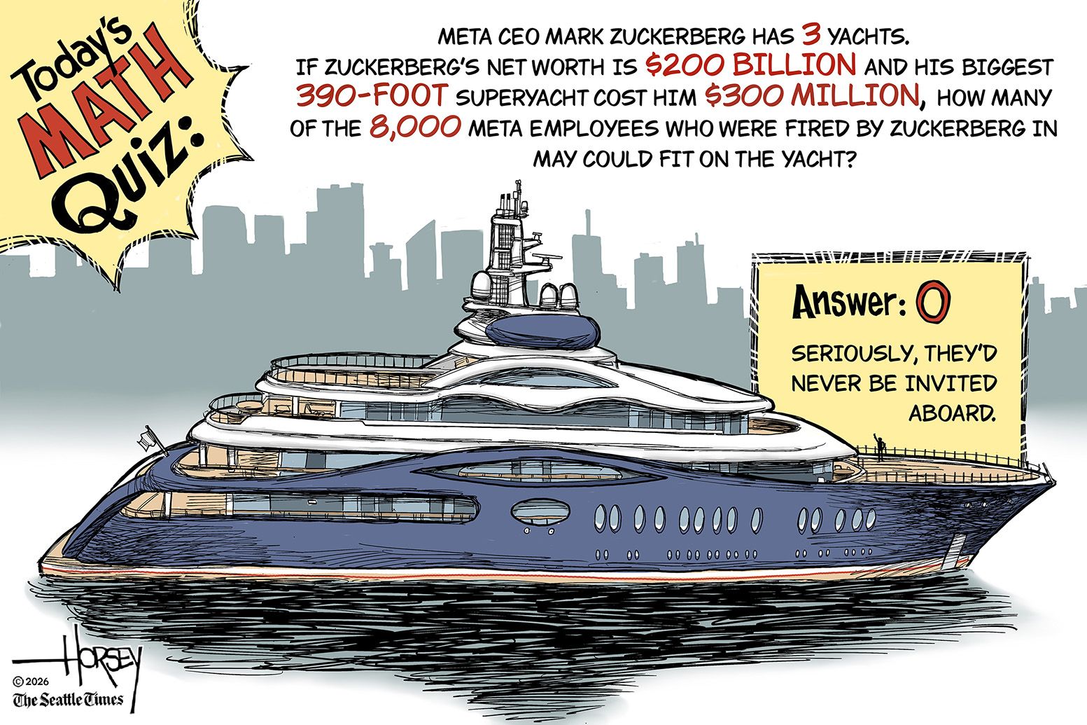 
                                This cartoon is titled Today’s Math Quiz and depicts a large, private yacht in the water. The quiz is: Meta CEO Mark Zuckerberg has 3 yachts. If Zuckerberg’s net worth is $200 billion and his biggest 390-foot super yacht cost him $300 million, how many of the 8,000 meta employees who were fired by Zuckerberg in May could fit on the yacht?” The answer is: “0. Seriously, they’d never be invited aboard.”
                            