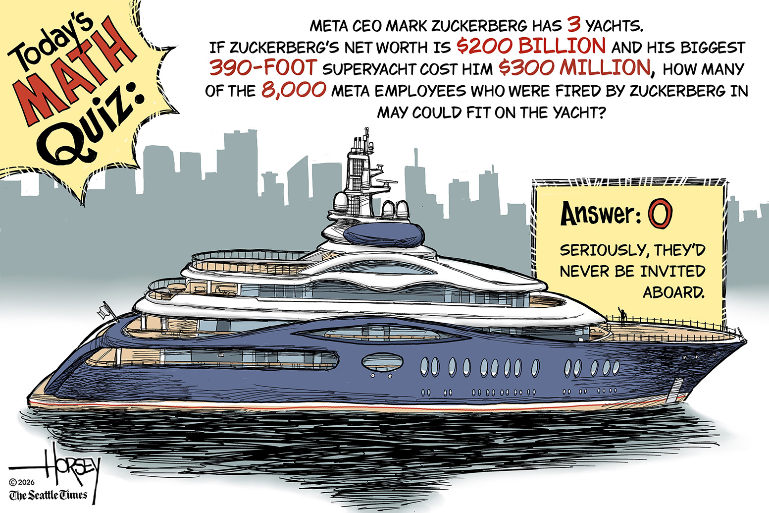 This cartoon is titled Today&amp;rsquo;s Math Quiz and depicts a large, private yacht in the water. The quiz is: Meta CEO Mark Zuckerberg has 3 yachts. If Zuckerberg&amp;rsquo;s net worth is $200 billion and his biggest 390-foot super yacht cost him $300 million, how many of the 8,000 meta employees who were fired by Zuckerberg in May could fit on the yacht?&amp;rdquo; The answer is: &amp;ldquo;0. Seriously, they&amp;rsquo;d never be invited aboard.&amp;rdquo;