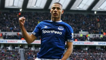 Brazilian forward Richarlison celebrates scoring for Everton against Newcastle in March