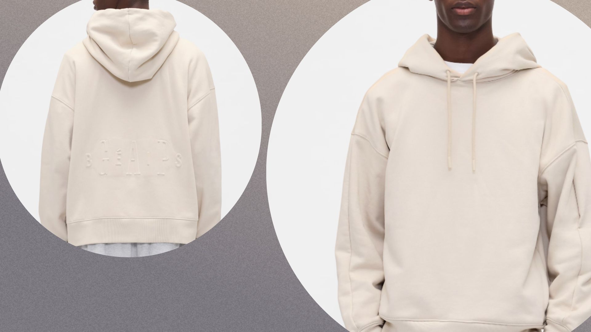 an image of the hoodie front and back in a circle against a grey background