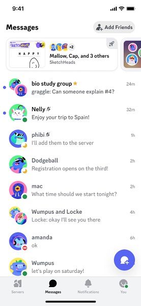 Discord's "Messages" tab houses DMs and Group chats with information on friend activity.