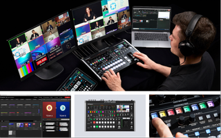 The Roland V-80HD Direct Streaming Video Switcher and Graphics Presenter Software in use by a man with headphones on a multi-monitor setup.