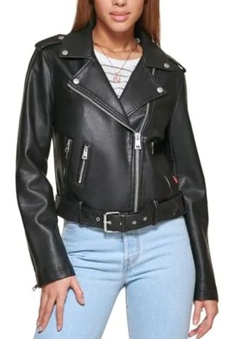  Women Faux Leather Belted Motorcycle Jacket (standard and Plus Sizes), Black, Small