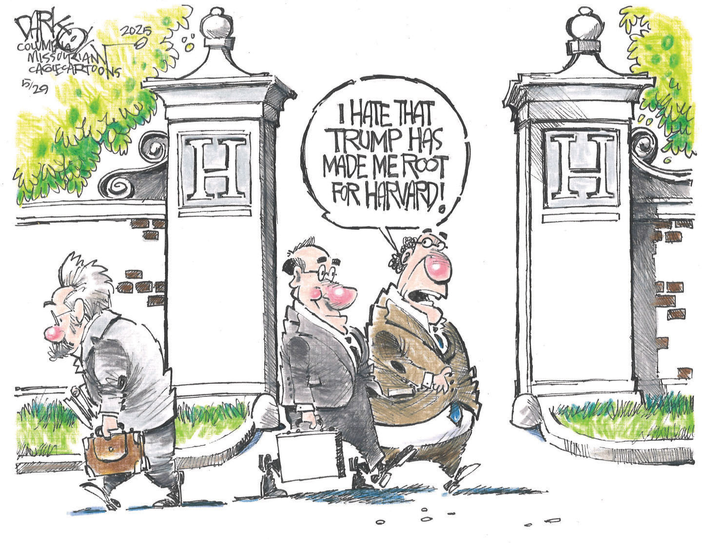 This political cartoon is set outside as three men walk past large stone structures with “H’s” on them to denote Harvard. One man says, “I hate that Trump has made me root for Harvard.”