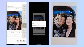 A compilation of screenshots showing the Fujifilm Instax mini LiPlay app being used on a Google Pixel 7 Pro