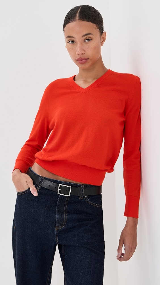 Tibi Skinlike Mercerized Wool Shrunken V Neck Sweater