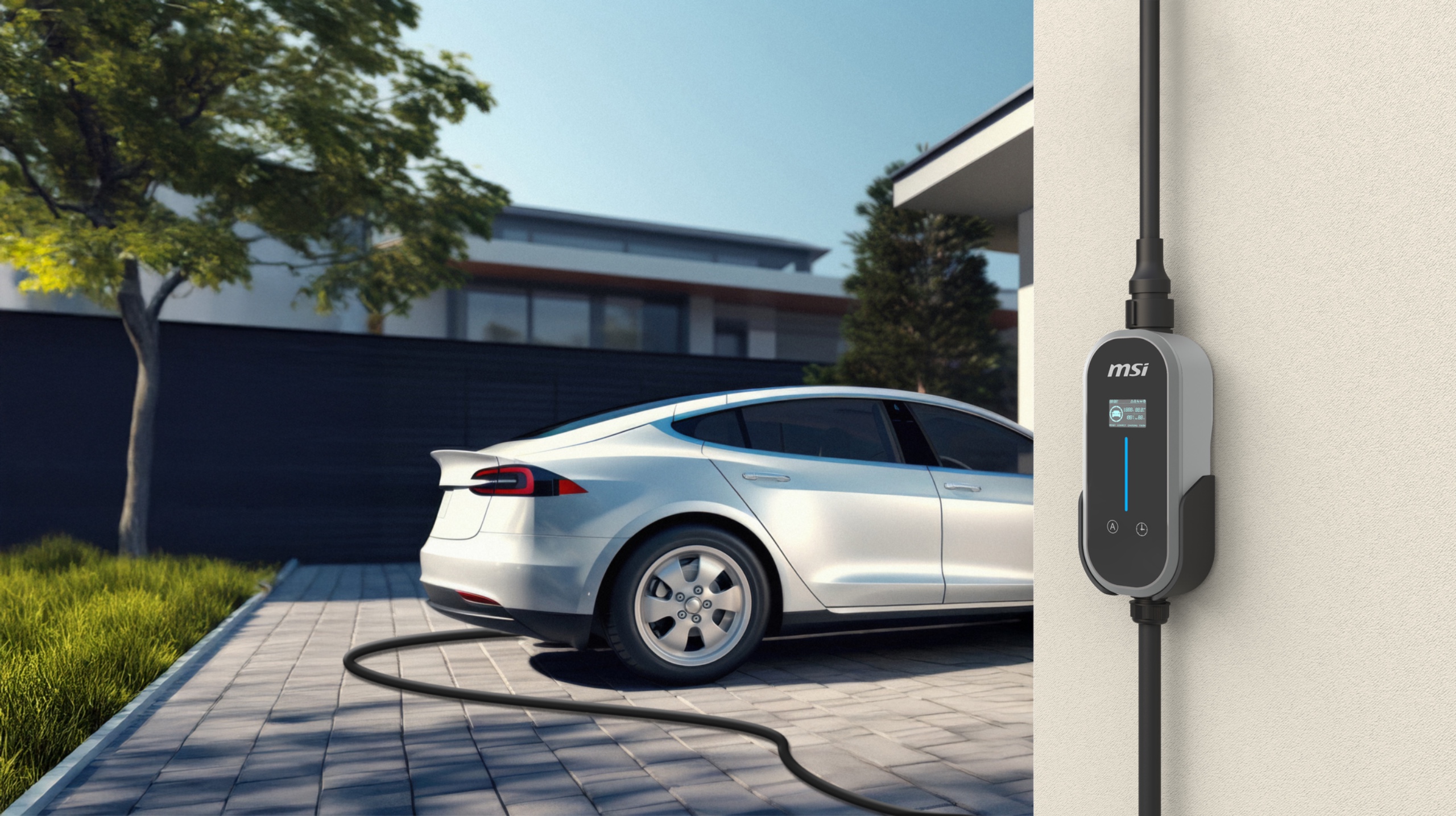 MSI EZgo charging an electric vehicle in a driveway