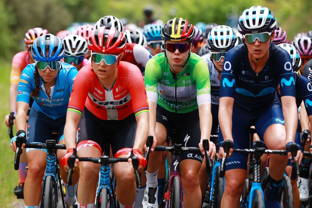 OJO GUARENA SPAIN MAY 21 LR Shirin Van Anrooij of Netherlands and Team Trek Segafredo UCI World Tour Best Young Rider Jersey Lotte Kopecky of Belgium and Team SD Worx green points jersey compete during the 7th Vuelta a Burgos Feminas 2022 Stage 3 a 1134km stage from Medina de Pomar to Monumento Natural de Ojo Guarea 767m VueltaBurgos BurgosFem UCIWWT on May 21 2022 in Ojo Guarea Spain Photo by Gonzalo Arroyo MorenoGetty Images