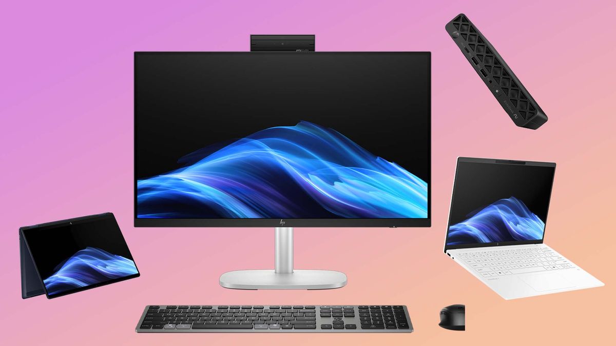 An HP 2-in-1, All-in-One, mini PC, and laptop on a pink and peach colored background. 