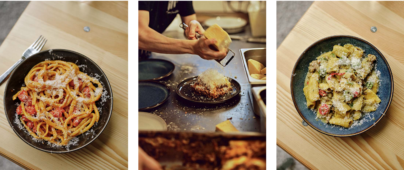 three images of different plates of pasta spliced together