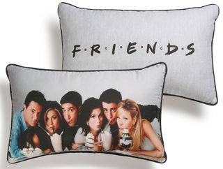 friends cushion with hot chocolate in hand and white background