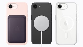 Three iPhone 17e models in pink, black, and white are shown from the back, demonstrating MagSafe compatibility with a leather wallet, a magnetic charger, and a clear case.