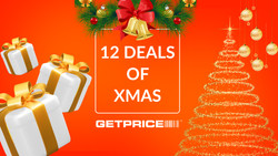 Christmas baubles and decorations on an orange background with a Getprice 12 Deals of Xmas overlay