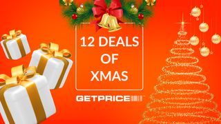 Christmas baubles and decorations on an orange background with a Getprice 12 Deals of Xmas overlay