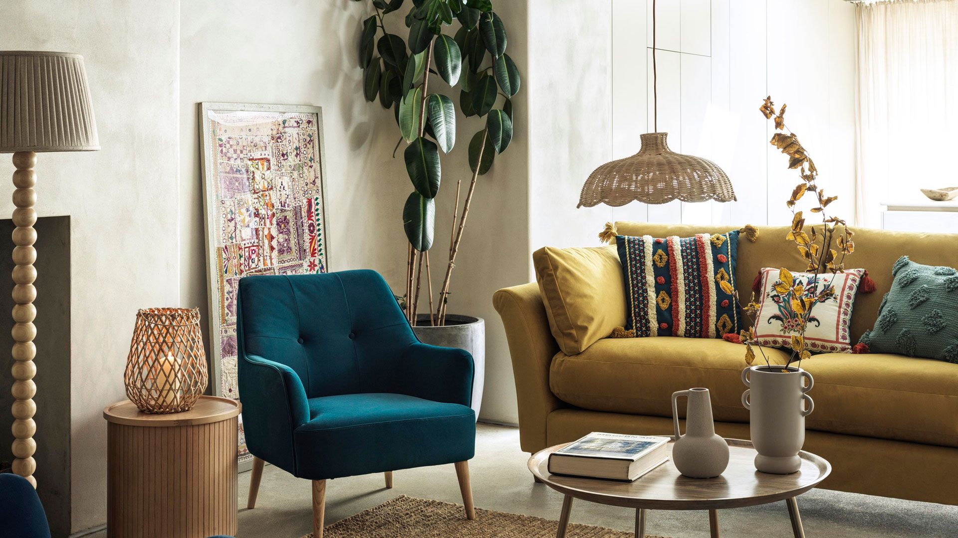 living room with pendant light