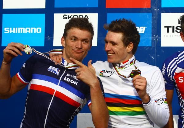 Adrien Petit hams it up on the U23 podium.