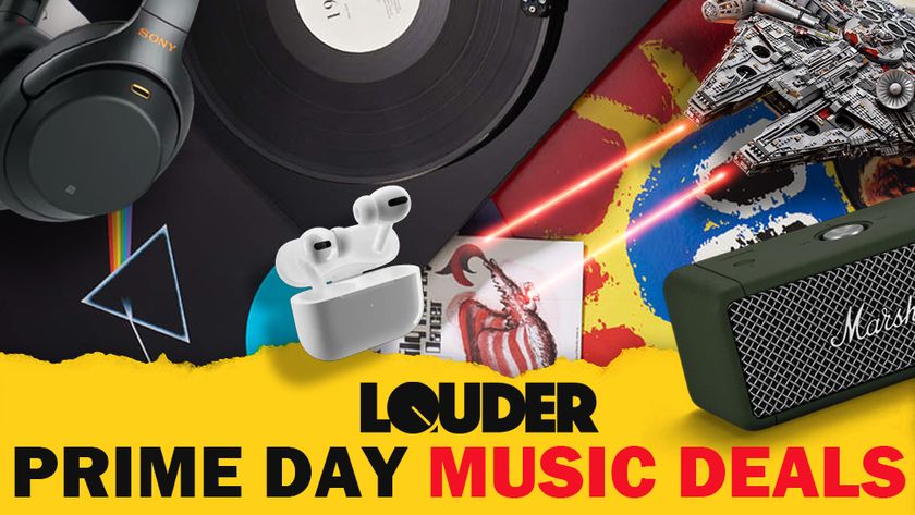 A header graphic for the Prime Day Music Deals featuring a montage of vinyl, speakers, headphones and Lego models