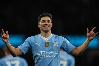 Julian Alvarez celebrates after scoring for Manchester City against Burnley, 2024