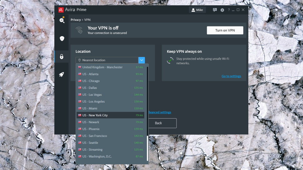 Avira Prime interface with list of VPN locations