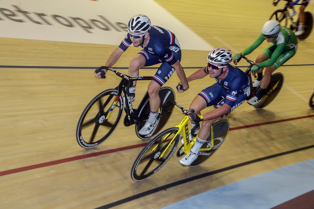 Florian Maitre and Benjamin Thomas on their way to winning the Madison for France