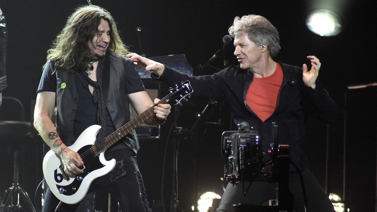 Phil X (L) and Jon Bon Jovi perform during Bon Jovi&#039;s &quot;This House is Not For Sale&quot; tour at Toyota Center on March 23, 2018 in Houston, Texas