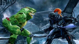 Killer Instinct screenshot showing Rash from Battletoads throwing a punch at another fighter. Gloomy rainy castle backdrop.