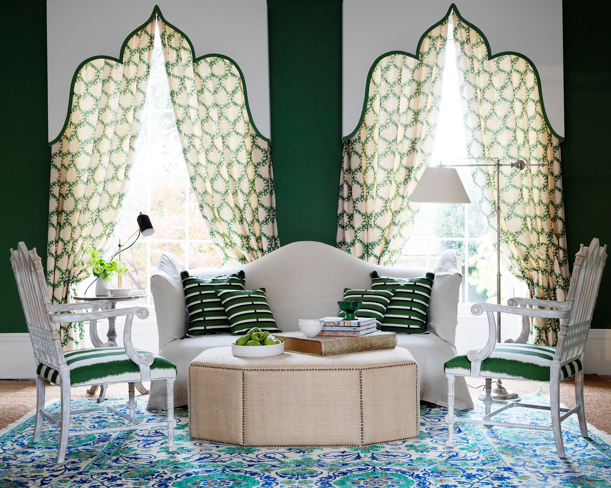 Living room seating ideas with green and white decor