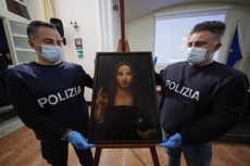 An image shows a 16th Century copy of a painting known as Salvator Mundi and attributed to Leonardo da Vinci. The copy was recently stolen from its home museum and recovered.