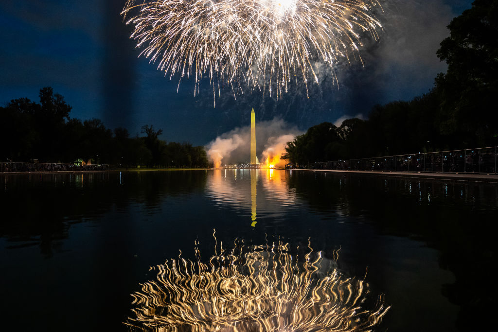 Fireworks erupt over the Washington Monument during the Independence Day fireworks display along the National Mall on July 4, 2023 in Washington, DC.