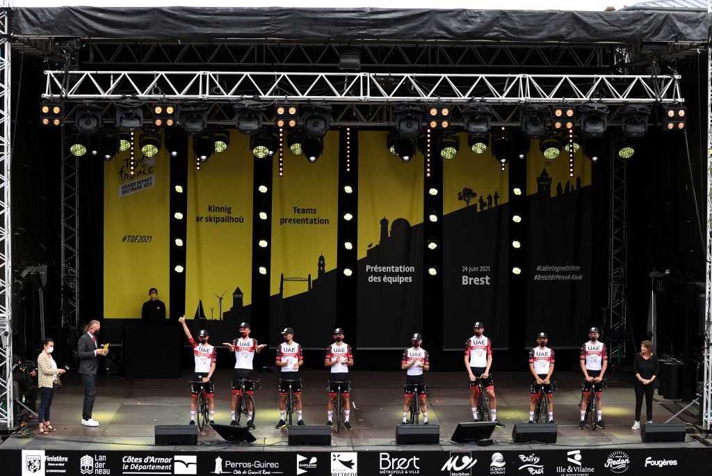 BREST FRANCE JUNE 24 Tadej Pogaar of Slovenia Mikkel Bjerg of Denmark Rui Costa of Portugal Davide Formolo of Italy Marc Hirschi of Switzerland Rafa Majka of Poland Brandon Mcnulty of The United States Vegard Stake Laengen of Norway and UAETeam Emirates during the 108th Tour de France 2021 Team Presentation LeTour TDF2021 on June 24 2021 in Brest France Photo by Tim de WaeleGetty Images
