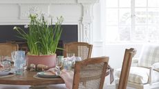 Table set up with pastel plates and napkins with a pink pot of daffodils in the centre