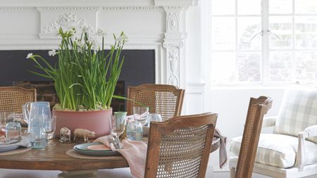 Table set up with pastel plates and napkins with a pink pot of daffodils in the centre